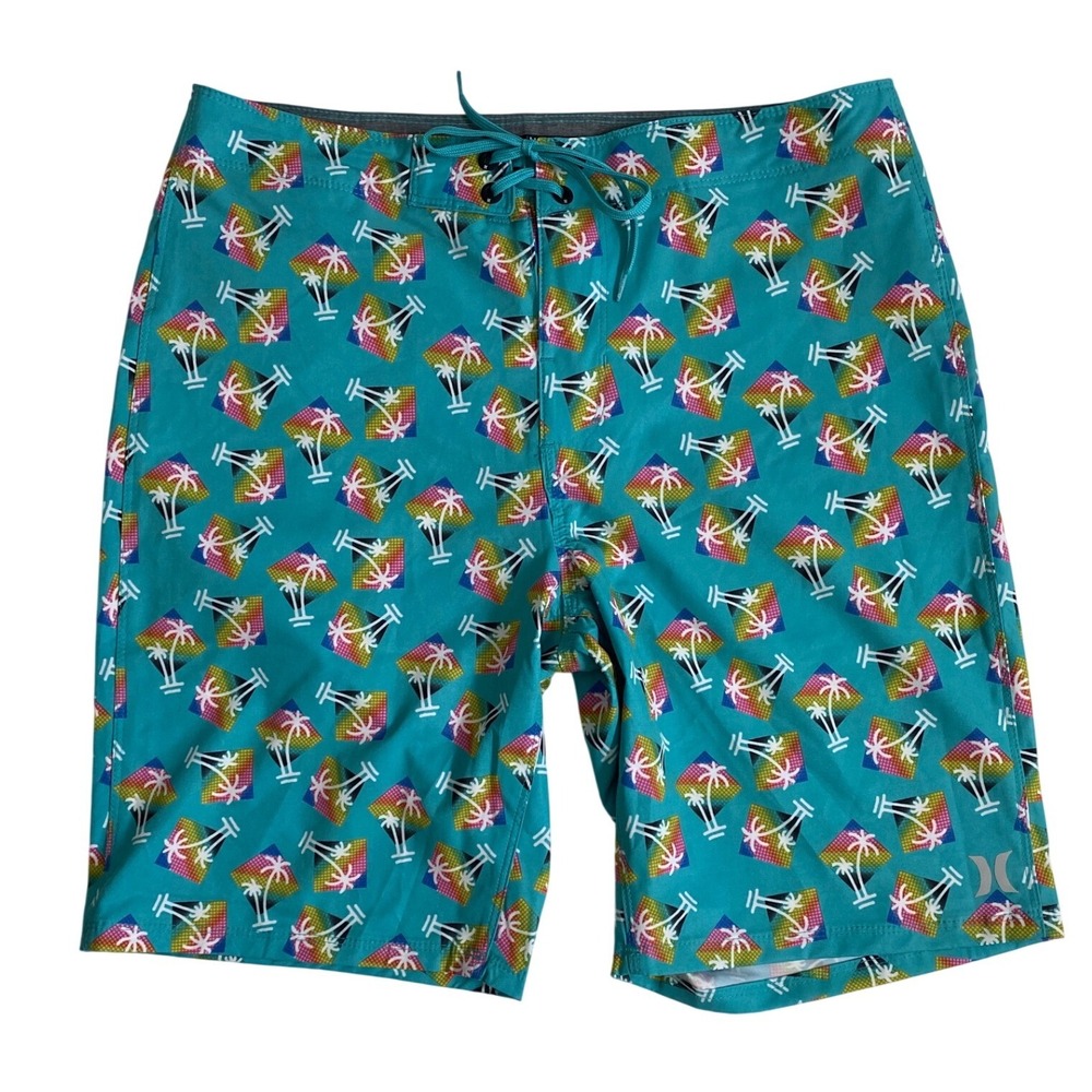 Hurley Mens Teal Palm Tree Rainbow Print Board Shorts Swim Trunks Size 32